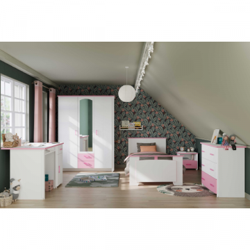 Kinderkamer Biotiful: bureau, bed 90x200, nachtkastje, commode, kleerkast - wit/roze