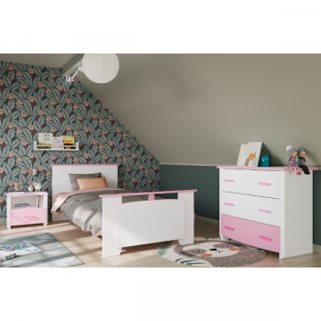 Kinderkamer Biotiful: bed 90x200, nachtkastje, commode - wit/roze