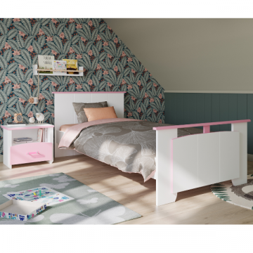 Kinderkamer Biotiful: bed 90x200, nachtkastje - wit/roze