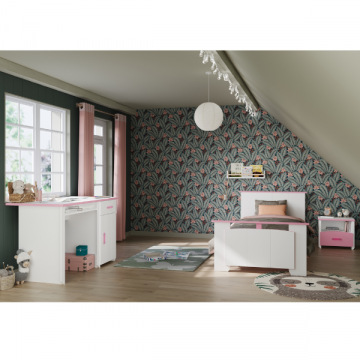 Kinderkamer Biotiful: bureau, bed 90x200, nachtkastje - wit/roze
