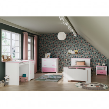 Kinderkamer Biotiful: bureau, bed 90x200, nachtkastje, commode - wit/roze