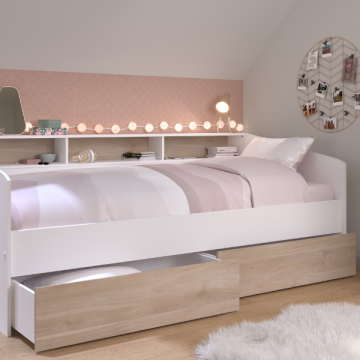 Lit d'enfant Sleep 90x200cm avec tiroirs de lit - blanc/décor chêne