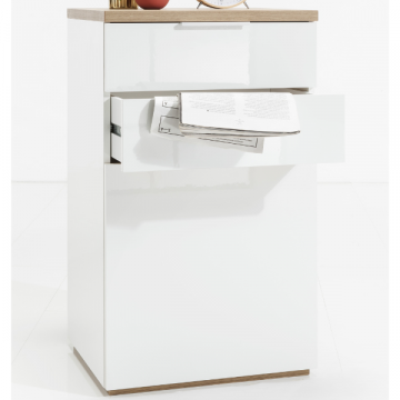 Veelzijdige bijzetkast Mundi | 82,3 x 35,2 x 102,3 cm | High Gloss White- / Riviera Oak-design
