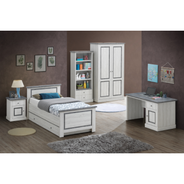 Chambre d'ado Hannelore: lit 90x200 avec tiroir, chevet, bibliothèque, armoire, bureau - gris/béton
