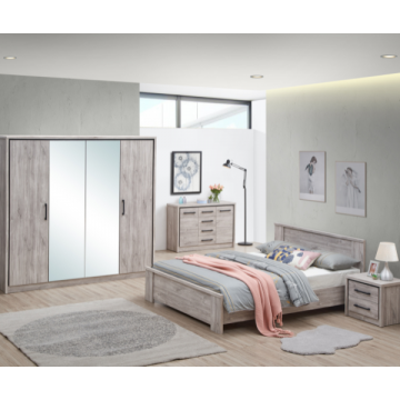 Chambre à coucher Sela: lit 140x200cm, chevet, armoire, commode - chêne gris