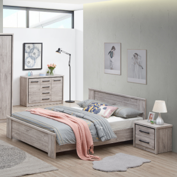 Chambre à coucher Sela: lit 140x200cm, chevet, commode - chêne gris