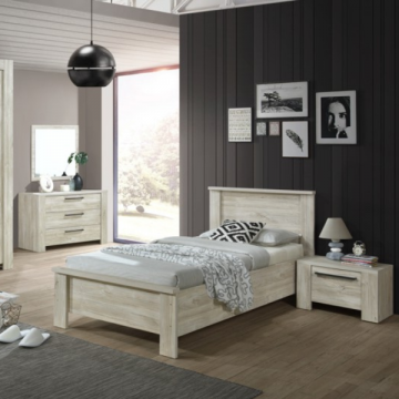 Chambre à coucher Angie: lit 90x200cm, chevet, commode - décor chêne