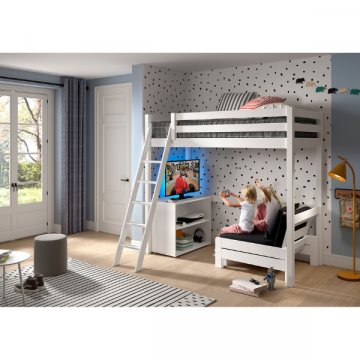 Ensemble de chambre d'enfant Pino - Lit en hauteur, bibliothèque et fauteuil-lit - Blanc 