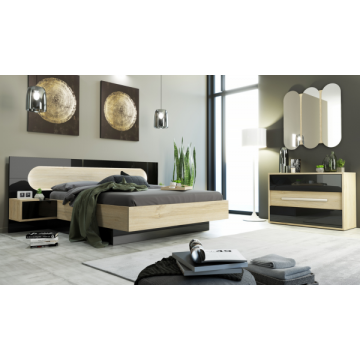 Slaapkamer Avalon: bed 160x200, nachtkastje, commode, spiegel - eik/hoogglans zwart