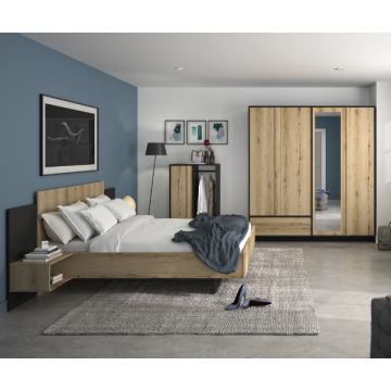 Chambre à coucher Marzano: 140x200cm, deux armoires - décor chêne/noir