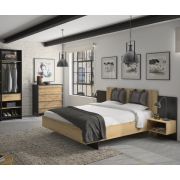 Chambre Marzano: lit 160x200cm, commode, armoire - décor chêne/noir