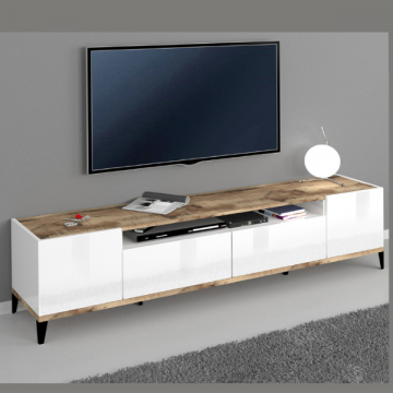 Tv-meubel Dawn 200 cm-hoogglans wit/esdoorn