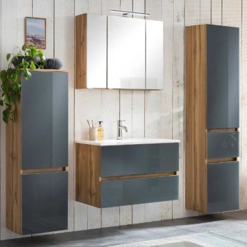 Badkamerset Helsinki | Wastafelkast, spiegelkast, hangkast, kolomkast | Wotan Oak/grijs-design