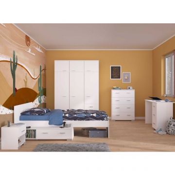 Kinderkamerset Galaxy | Eenpersoonsbed, commode, bureautafel, kledingkast, nachtkastje | Wit