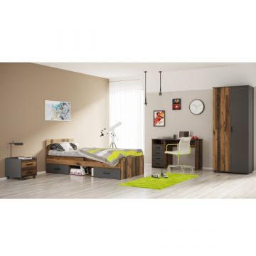 Tienerkamerset Ramos | Eenpersoonsbed met laden, nachtkastje, kledingkast, bureau | Kastamonu-design