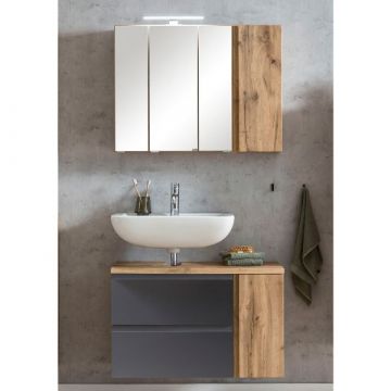 Badkamerset Varese | Wastafel en spiegelkast met verlichting | Wotan Oak/grijs-design