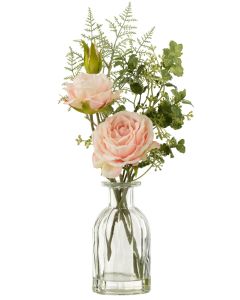 Boeket rozen in vaas+kunstwater plastiek groen/licht roze large