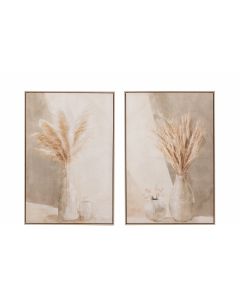Schilderij vaas pampas canvas/hout beige assortiment van twee