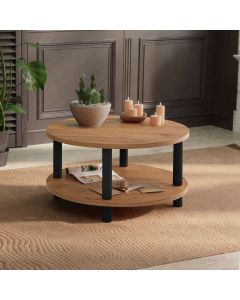 Table basse Dora - 100% mélaminé, épaisseur 25mm, pieds en charme, diamètre 70cm, pin noir atlantique