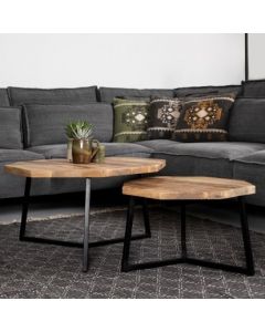 Set van 2 salontafels Urban achthoek – mangohout/zwart gepoedercoat ijzer